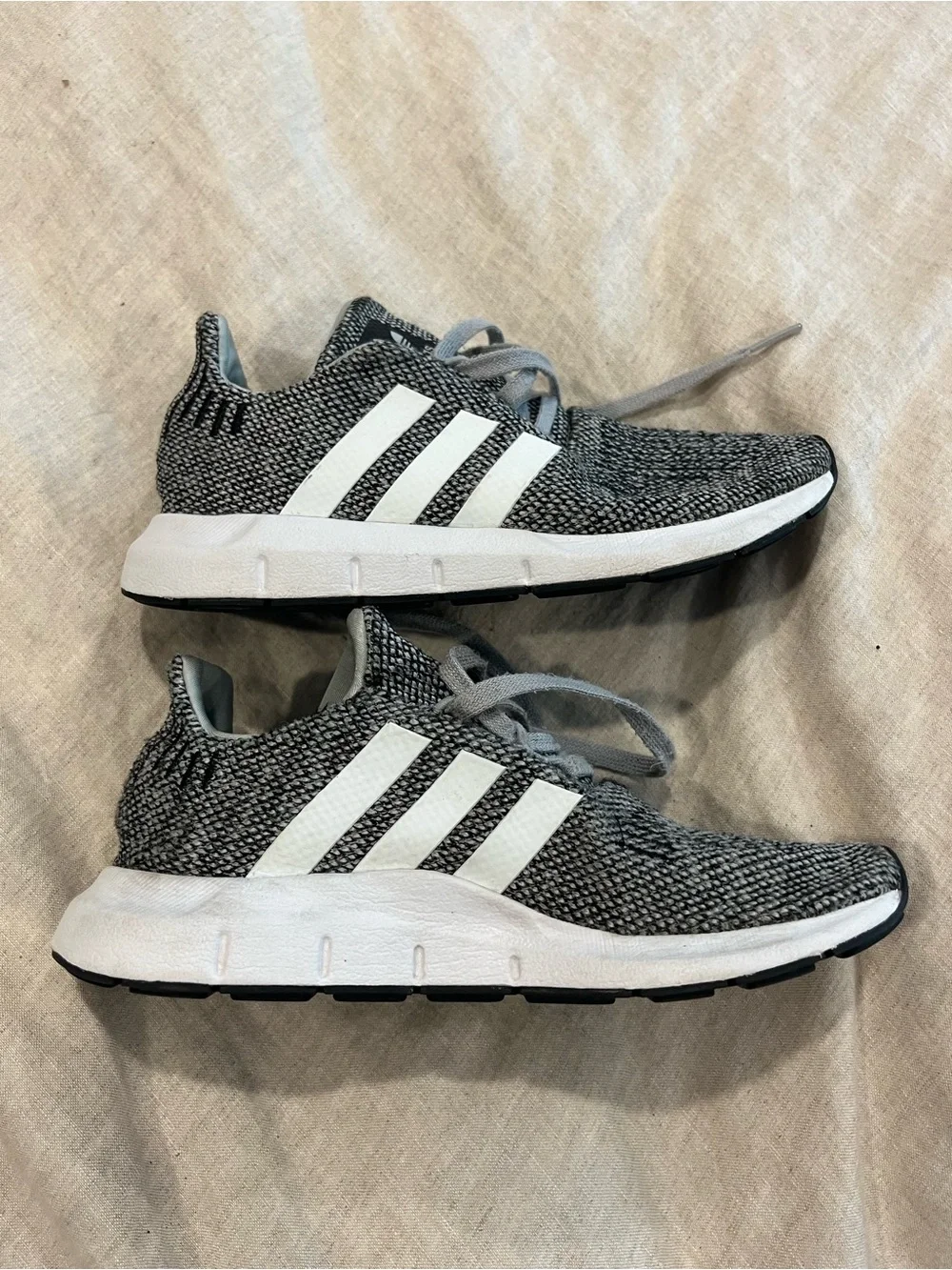 adidas Kids Gray Knit Lace-Up Sneakers with White Stripes